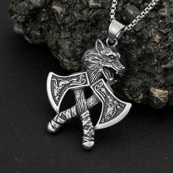 Vintage Vikings-Halskette mit Doppelaxt-Anhänger, 316L Edelstahl, verblasst nicht, klassische Wolfskopf-Halsketten, nordischer Schmuck